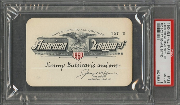 1960 American League Pass To All Parks - Valid Ted Williams 500th Career Home Run On 6/17/60 (PSA/DNA NM-MT 8)